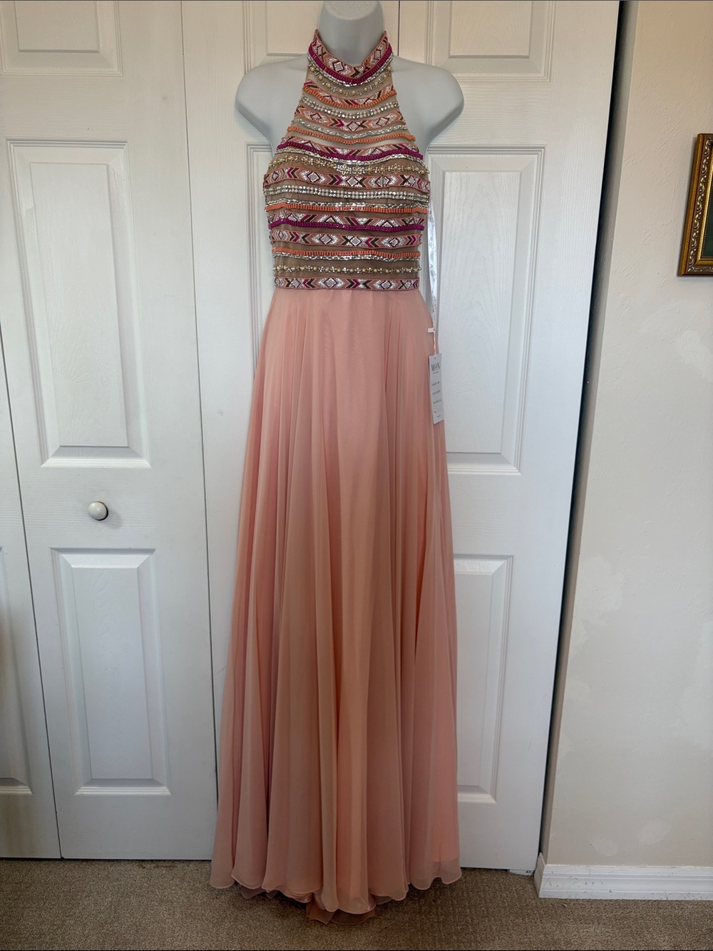 NWT Ellie Wilde for Mon Cheri High-Neck Beaded Gown- (Size 4).